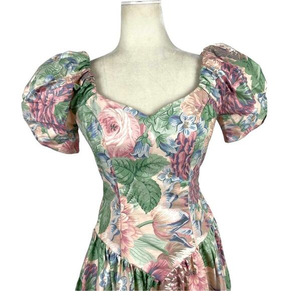 Vintage House of Bianchi Floral Victorian Prairie Midi Puff Sleeve Corset Dress - Picture 2 of 15